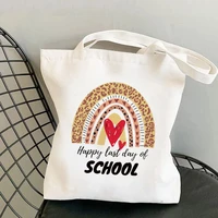 teacher supplies rainbow leopard last day of school printed tote bag women funny handbag shoulder shopping lady gift canvas bag