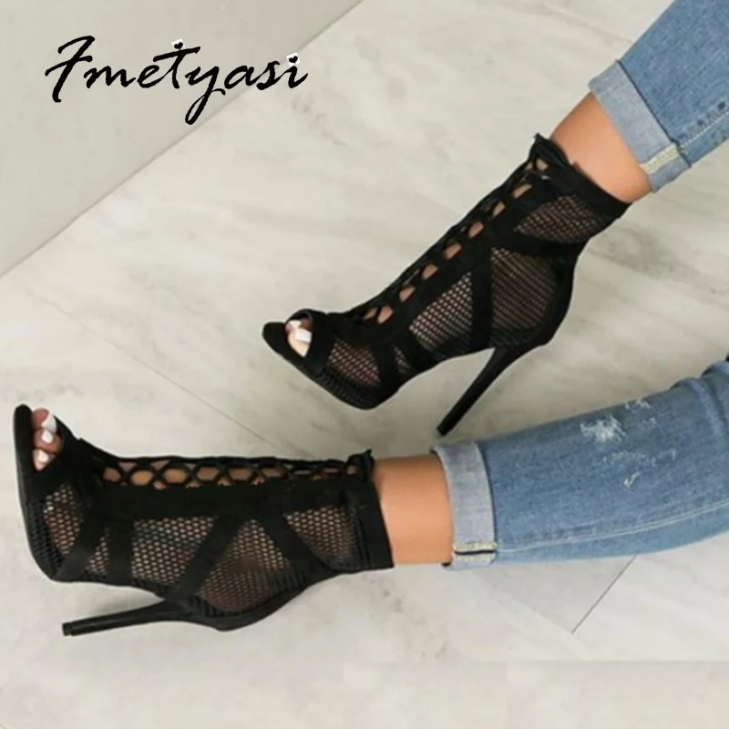 

Heels women 2021 Stiletto Sandals Black Mesh Fashion Fish Mouth Open Toe Romen High Heels Sandals Spring Summer Lace up