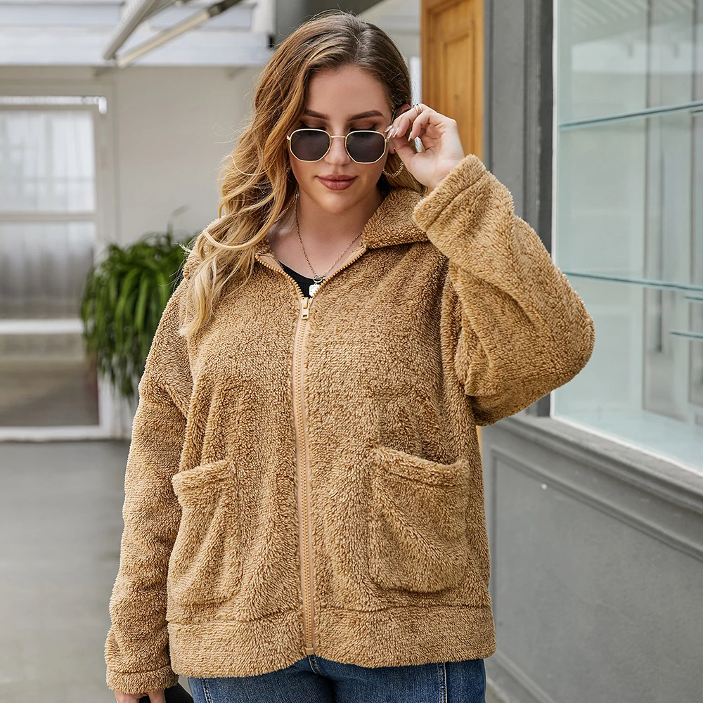 

Женская куртка размера плюс 3XL 4XL верхняя одежда на молнии с отложным воротником Куртка с воротником коричневый уличная карманами на каждый ...