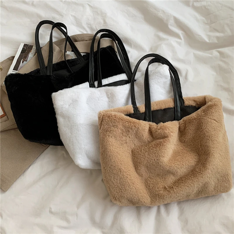 

Women Lamb Like Fabric Shoulder Bag Simple Canvas Handbag Tote Large Capacity Shopping Bag Cute Book Bags For Girls Solid Color