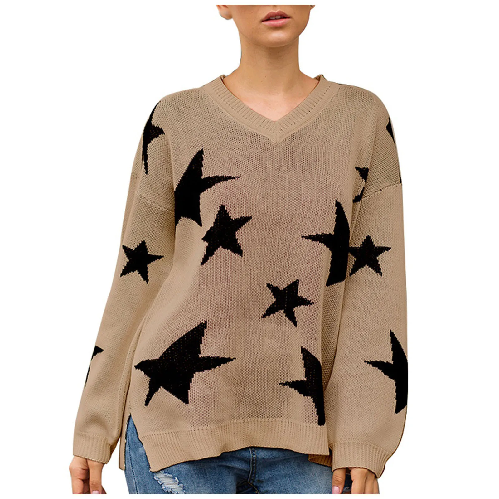 

Womens Winter V-Neck Long Sleeve Star Split Knit Sweater Pullover Casual Tops Christmas Print Hedging Casual Autumn And Winter