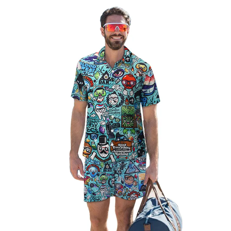 Мужской повседневный костюм с принтом гавайский пляжный праздничный черный