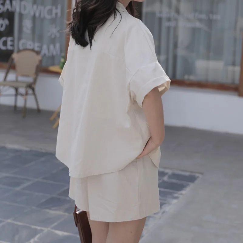 

Fashion Loose Summer Two Piece Sets Womens Outfits Single Breasted Tops Casual Shirt +flower Bud High Waist Wide Leg Shorts 2021