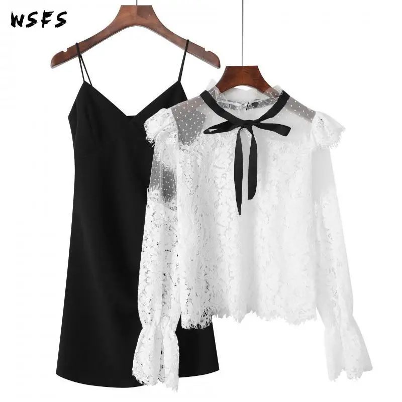 

2 Piece Set Spring Dresses White Lace Shirt Tops Womens Dress Elegant Bodycon Black Slip Dress Korean Skirt Sexy Party Clothes