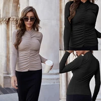 high neck solid color pleated long sleeved t shirt womens sexy slim fit all match thin pit strip bottoming shirt autumn winter