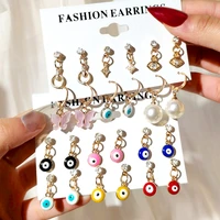 6pairset cute evil eyes stud earring set for women girl geometric crystal eye cross pearl earrings 2022 new party jewelry gift