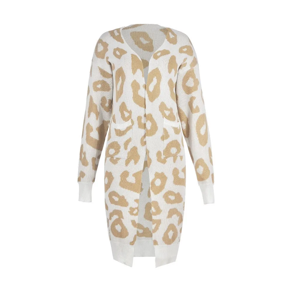 

Autumn Winter Women leopard knitted long sleeve sweater cardigan Casual Loose Long Open Stitch Cardigans Female outwear coat