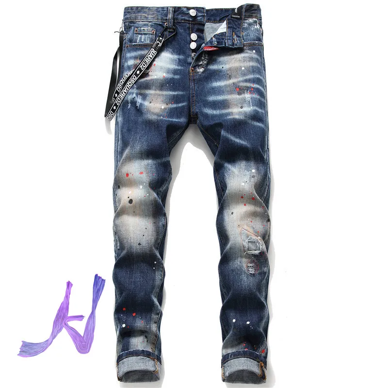 

DSQ2 Patch Jeans Best Quality Hip Hop Sprinkle Paint Ripped Hole Dsquared2 Jeans for Men