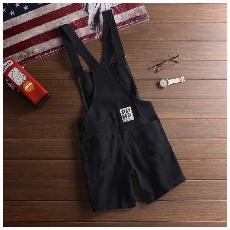 2021 Summer Fashion Men's Shorts Bib Overall Jeans Short Male Casual Ripped Denim Jumpsuits Jeans Shorts Pants Khaki White Black