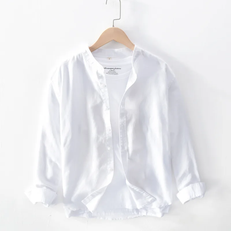 

2020 spring new round neck Pullover long sleeve solid Linen Shirt Men's cotton linen shirt 606