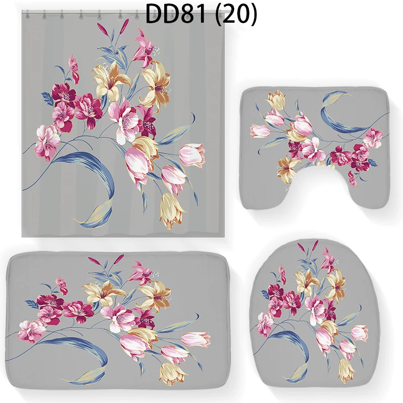 

4 PCS Red and Blue Roses Bathroom Set Waterproof Shower Curtain Bathroom Shower Curtain Set Polyester Curtains Home Bathroom