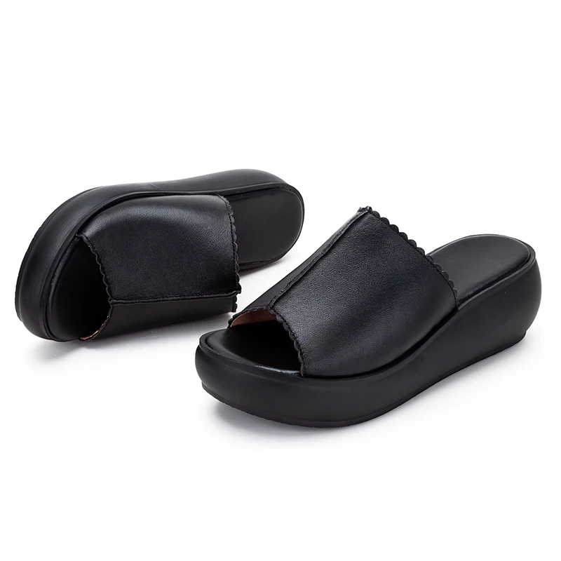 

Women Slipper's 2020 Ladies Summer Slippers Shoes Wedges Heels Platform Peep Toe Genuine Leather Mature Comfortable Beach Casual