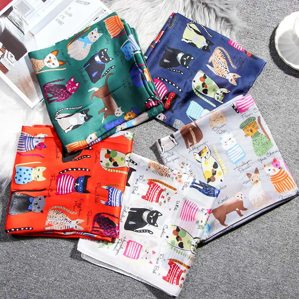 Милый роскошный атласный маленький квадратный шелковый шарф с принтом кота из