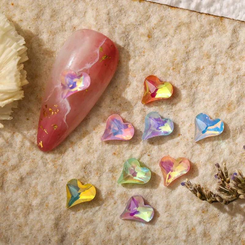 

20Pcs AB 6mm Heart Nail Rhinestons For Valentines Day Wedding Heart Nail Art Decoration Flat Back Heart Rhinestones 3D Charm
