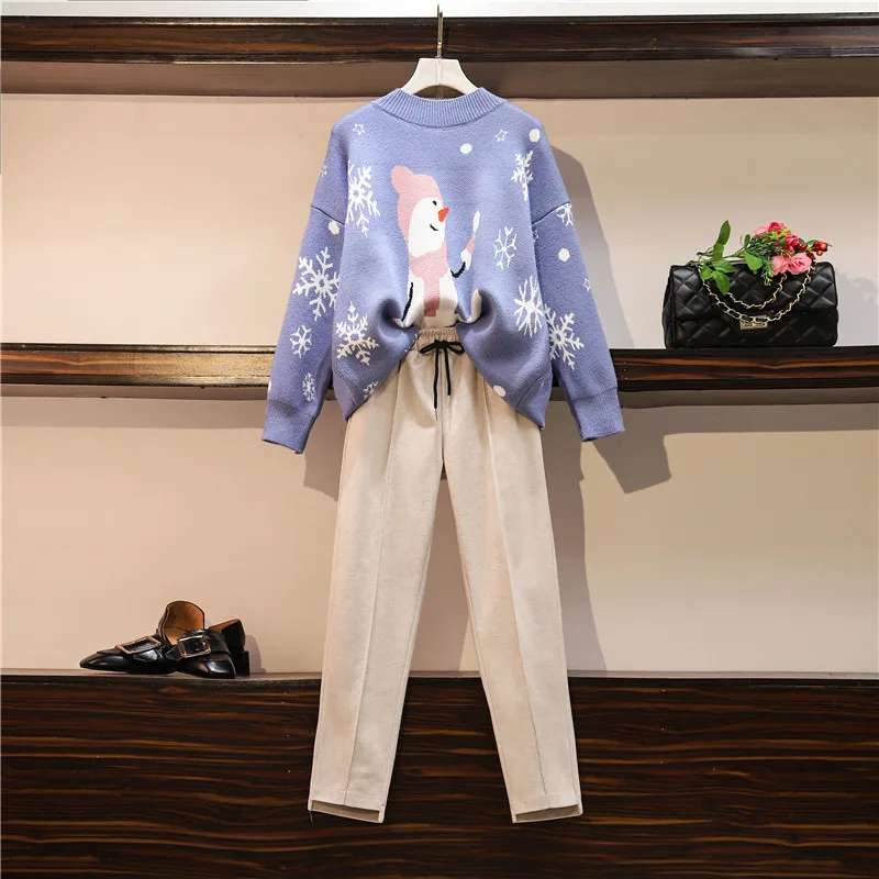 

2020 New Christmas Holiday 2 Piece Set Women Pullovers Knitted Sweater Tweed Harem Pants Suit Female Women's Clothing