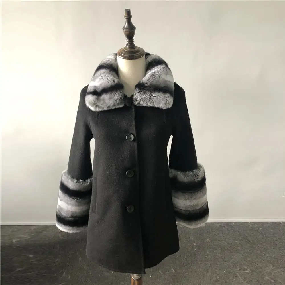 Women's Winter Cashmere Coat Warm Thick Real Rabbit Fur Collar Sleeves Gradient Color Matching Mid-length Luxury Woman Coat