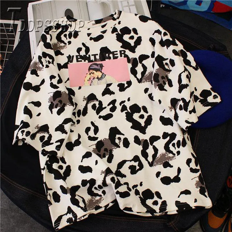 Женская футболка с леопардовым принтом в Корейском стиле 95% хлопка лето