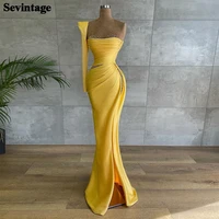 sevintage yellow dubai mermaid prom dresses women beading satin one long sleeve evening gowns pleats slit side formal party gown