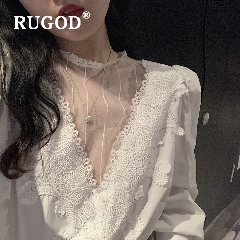 RUGOD кружевная блузка с пышными рукавами женские блузки длинным рукавом