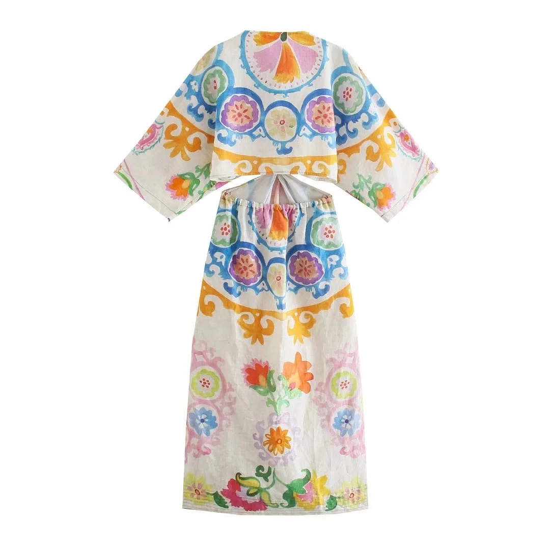 

Cute Floral Print Waistless Half Sleeve Deep V-Neck Midi Dress 2021 Summer Chic Split High Waist Elegant Dresses For Party