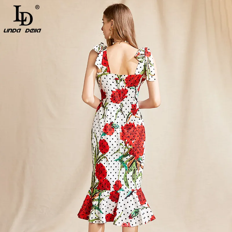 

LD LINDA DELLA 2021 Fashion Runway Summer Dress Women Bow Spaghetti Strap Polka Dot Rose Floral Print Bodycon Mermaid Midi Dress