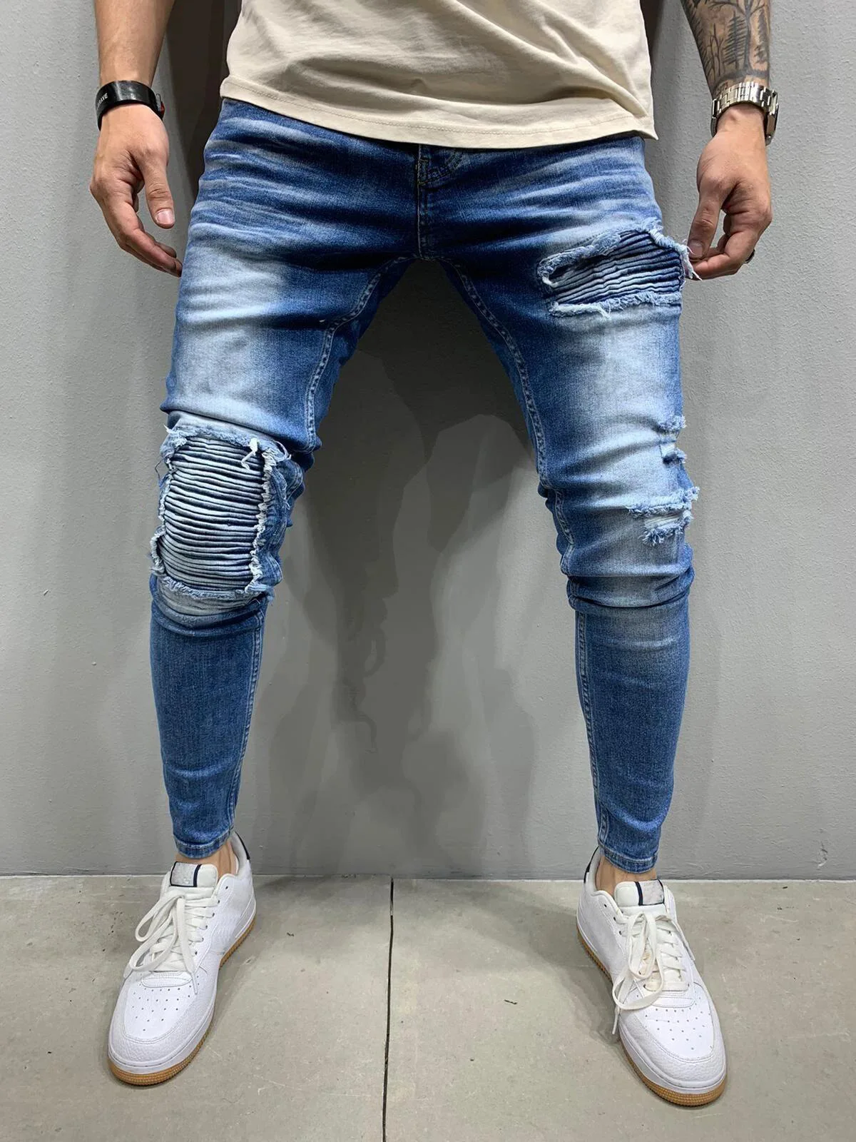 

Men's jeans pleated tight STRETCH LEG JEANS NEW