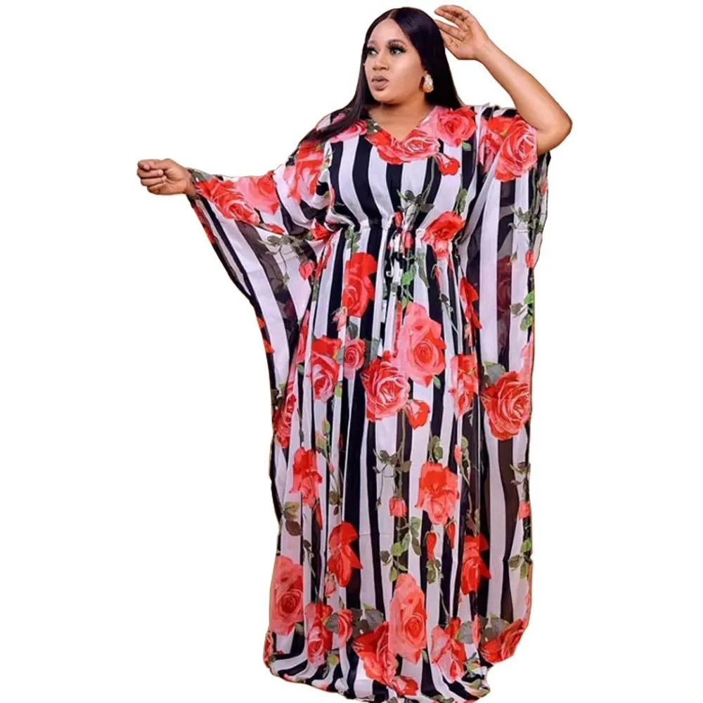 

African Women Maxi Long Dress Chiffon Floral Print Loose Robe Elastic Underdress 2 Pieces Set Caftan Africa Clothes Elegant Gown