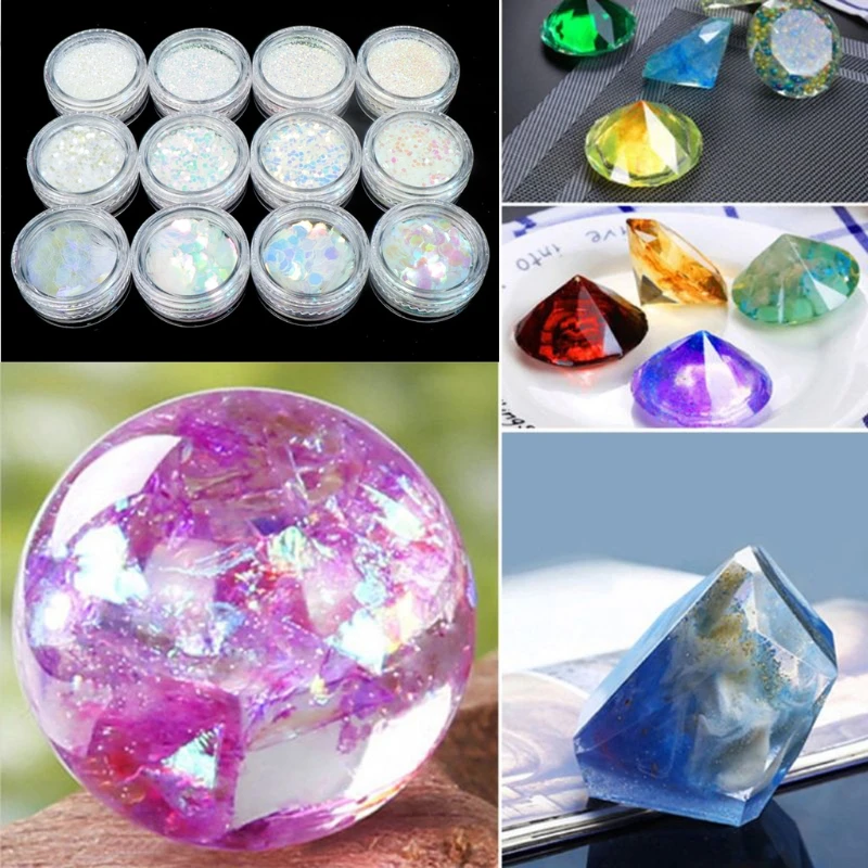 

12 Bottles Heart Star Round Shape Laser- Bright Flakes Sequins Kit DIY Resin Fillings Glitters Resin Art Jewelry Making T84A