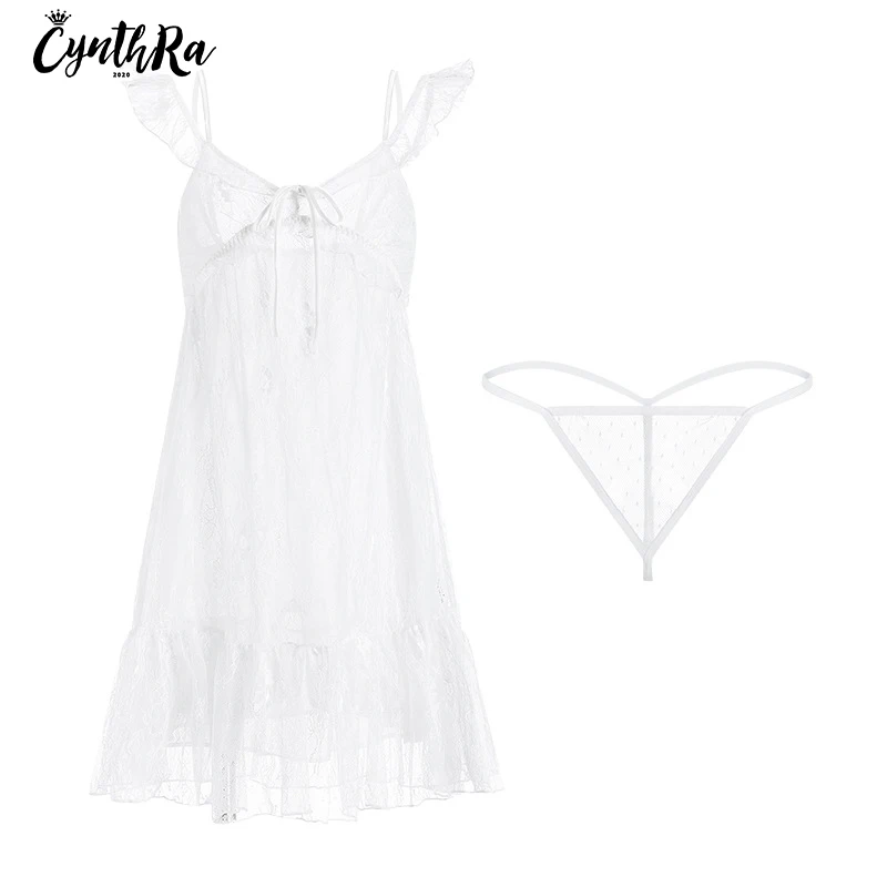 

CYNTHRA Nightdress Women's Sexy Lace Thin V-neck Court Style Mesh Princess Soft Comfort Beauty Back Ladies Homewear Nightgowns