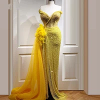 bright yellow sequined prom dresses long high side split feather mermaid evening gowns women special occasion dress
