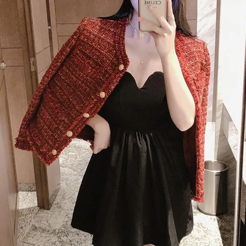 

ZAWFL Autumn Tweed Jacket Women Metal Button Elegant Vintage Fashion Outwear Female Temperament Celebrity Ladies Short Coat