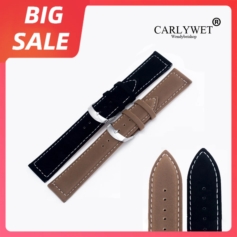

CARLYWET 18 22mm Top Quality Suede Leather Black Brown Watch band Strap Belt Silver Polished Pin Buckle For Rolex Omega Tissot