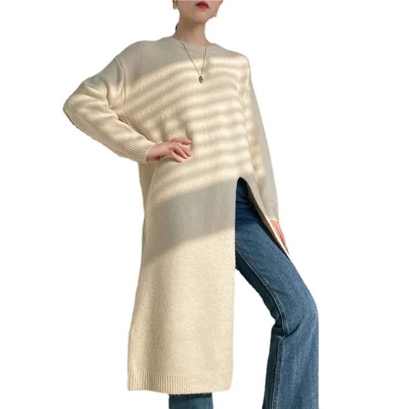 

Women Apricot Split Big Size Knitting Dresses Women's Dress New Round Neck Long Sleeve Loose Fit Fashion Tide Spring Autumn 2021