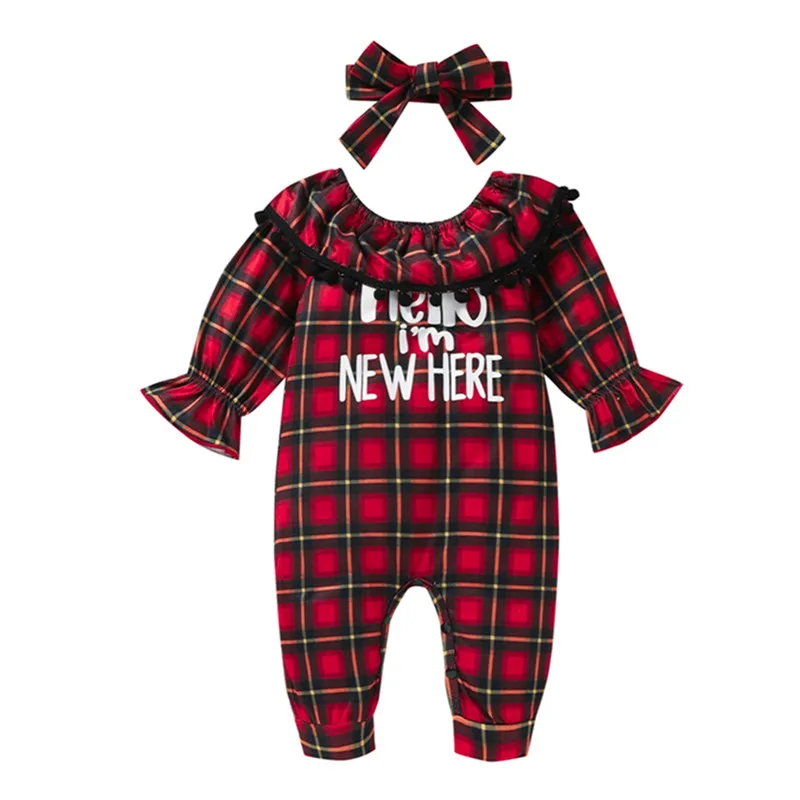 

Baby Girl’s Long Sleeve Jumpsuit Christmas Plaid Letter Print Long Pants and Headband