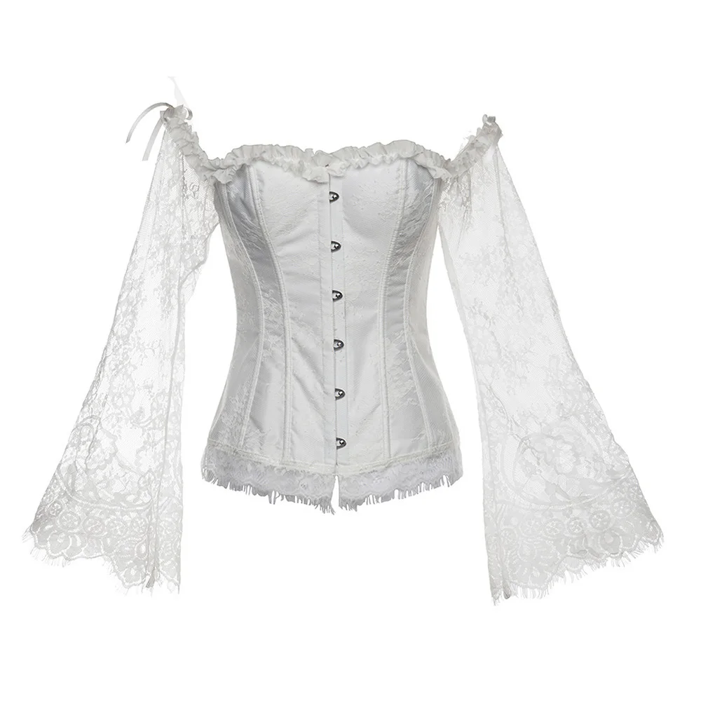 Сексуальный дворцовый Корсет Топ прозрачный длинный рукав черно белый корсет
