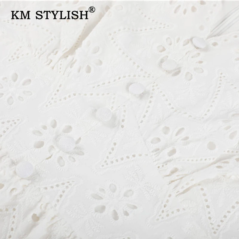 

Women Summer White Floral Lace Cutout V-Neck Casual Dresses Single-breasted Fashion Female Dress