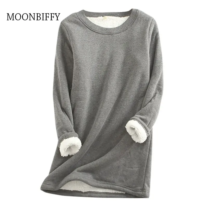 

Зимняя женская толстовка из плотного флиса, бархатная теплая однотонная нижняя одежда с круглым вырезом, блузка, Топ