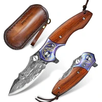 outdoor damascus steel folding knife edc tool titanium alloy and wooden handle hand forged knife multifunctional pocket tool