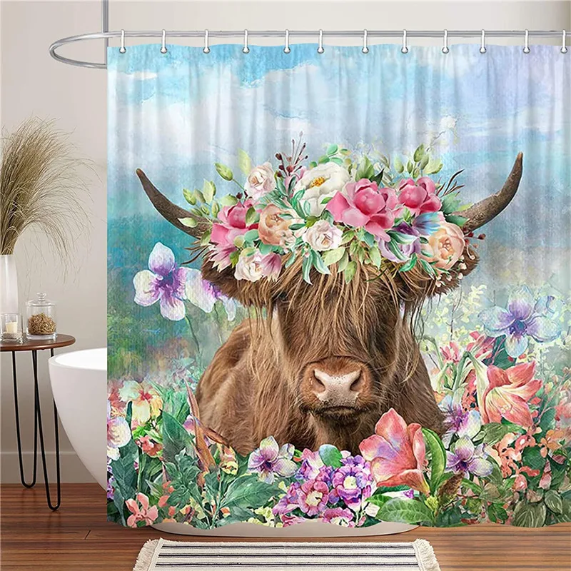 

Funny Highland Cow Shower Curtain for Bathroom,Cattle Head with Flowers Garland In Rustic Flower Garden Fabric Bath Curtains