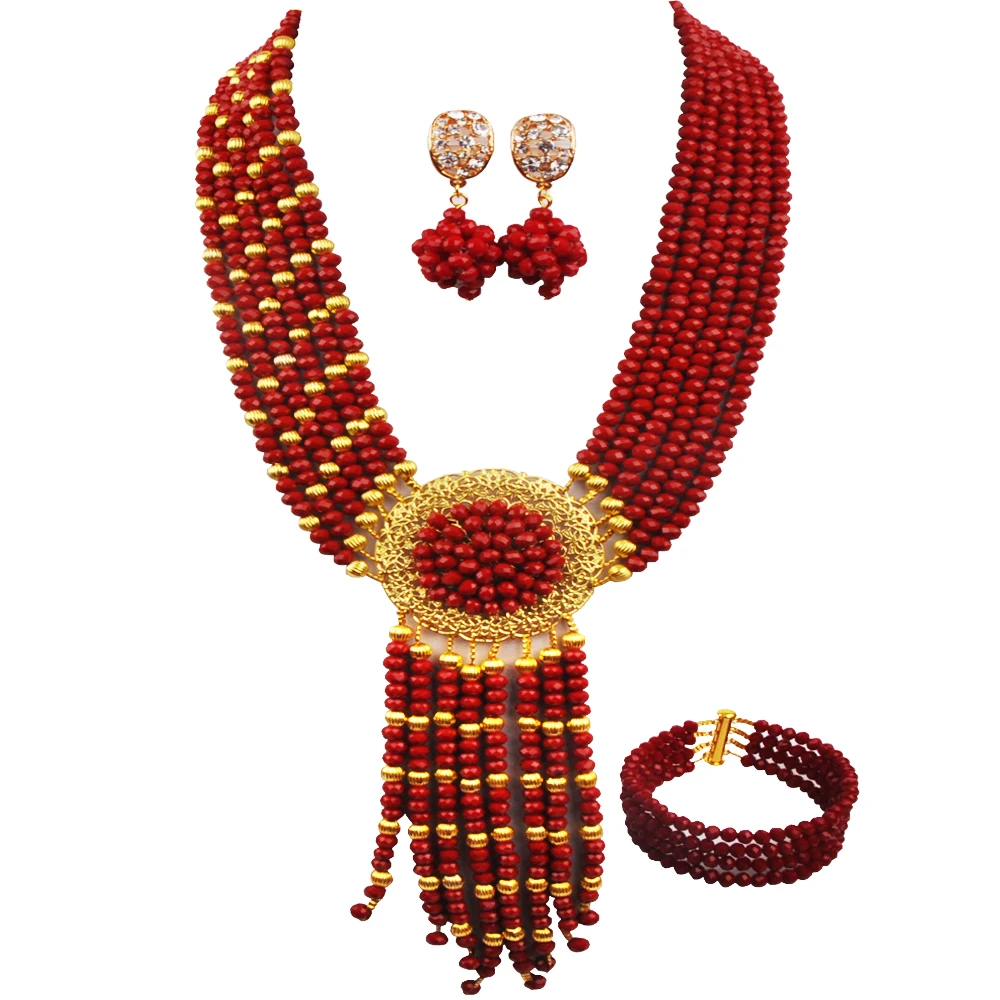 

Непрозрачный Красный Кристалл Африканские свадебные бусины нигерийский Свадебный комплект ожерелье браслет серьги свадебные комплекты ю...
