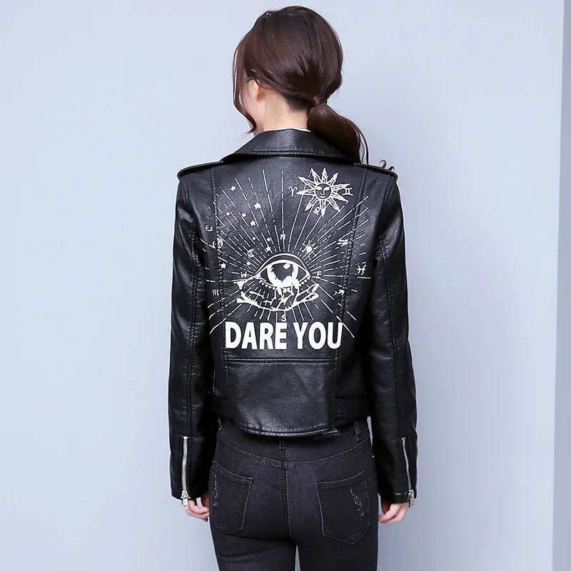 

Autumn 2020 And Winter Women Printed Letters Rivet Pu Leather Jacket Punk Moto Coat Black Faux Jacket Fashion Zipper Streetwear