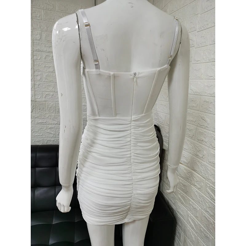 

2021 Summer Sexy V Neck Spaghetti Strap White Women Bodycon Mini Evening Party Dress Pleated French Vestidos Club Robe 21606