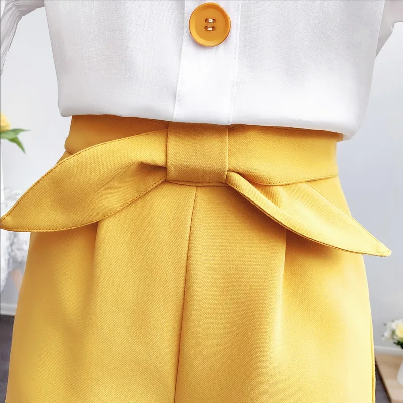 

sweet fashionable blouse shirt chiffon tall waist joker wide-legged shorts women 2 pcs clothing set vestido outfit top student