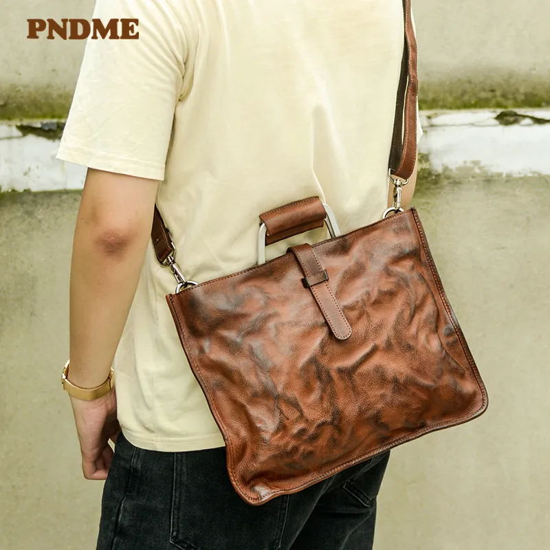 PNDME fashion retro handmade genuine leather men's women's briefcase handbags business natural real cowhide laptop messenger bag