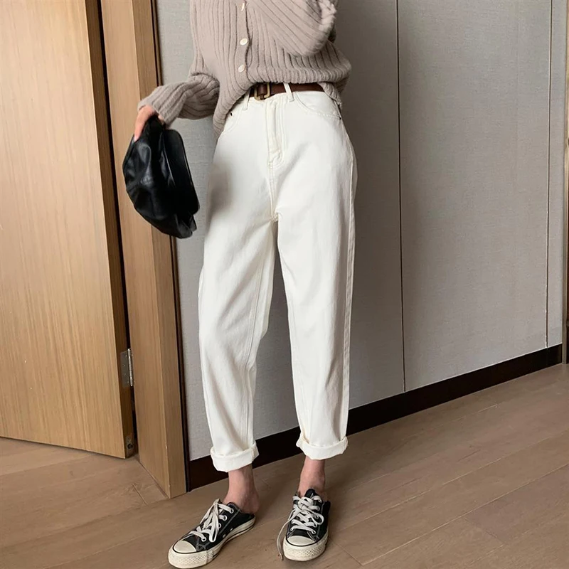 

New Arrival 2020 Spring Autumn Korea Fashion Women High Waist White Jeans Femme Loose Casual Denim Harem Pants Plus Size S720