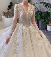 luxury ivory wedding dresses v neck full sleeve beading sequin lace applique shiny princess elegantbridal gown for wedding party