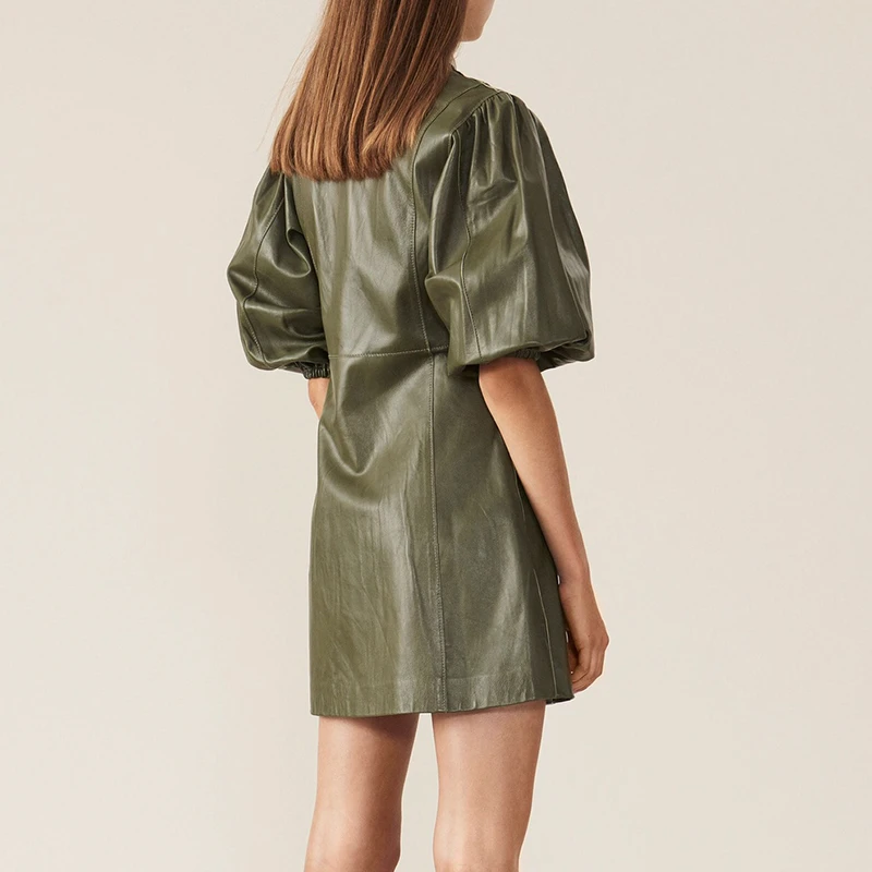 Женское кожаное платье осень PU искусственная кожа Кнопка Вниз винтажное женщины