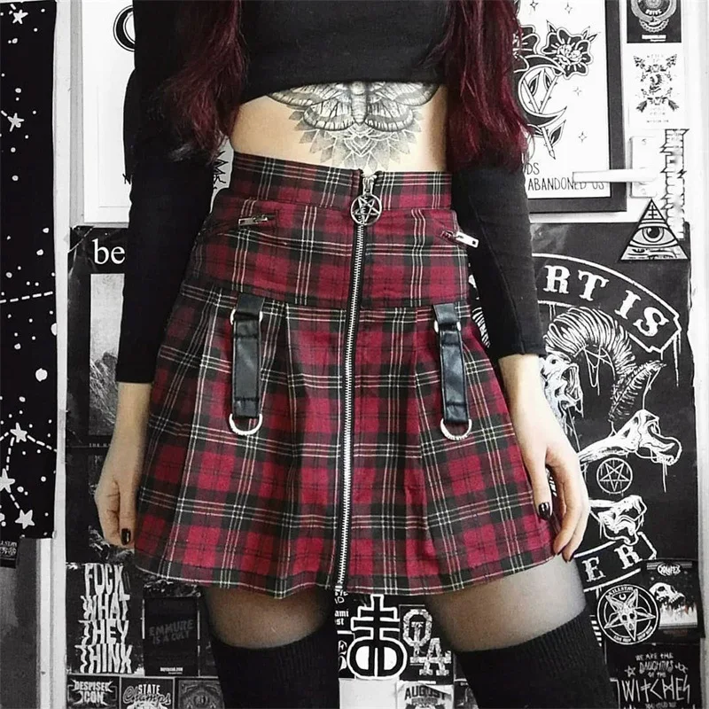 

2021 Black Punk Rock Gothic Sexy Women High Waist Belt Button Plaid Skirts Summer Chic A Line Girls Vintage Plaid Skirts Red