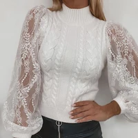 womens autumn winter turtleneck solid white lace patchwork lantern long sleeve knitwear jumper top office female sexy pullover