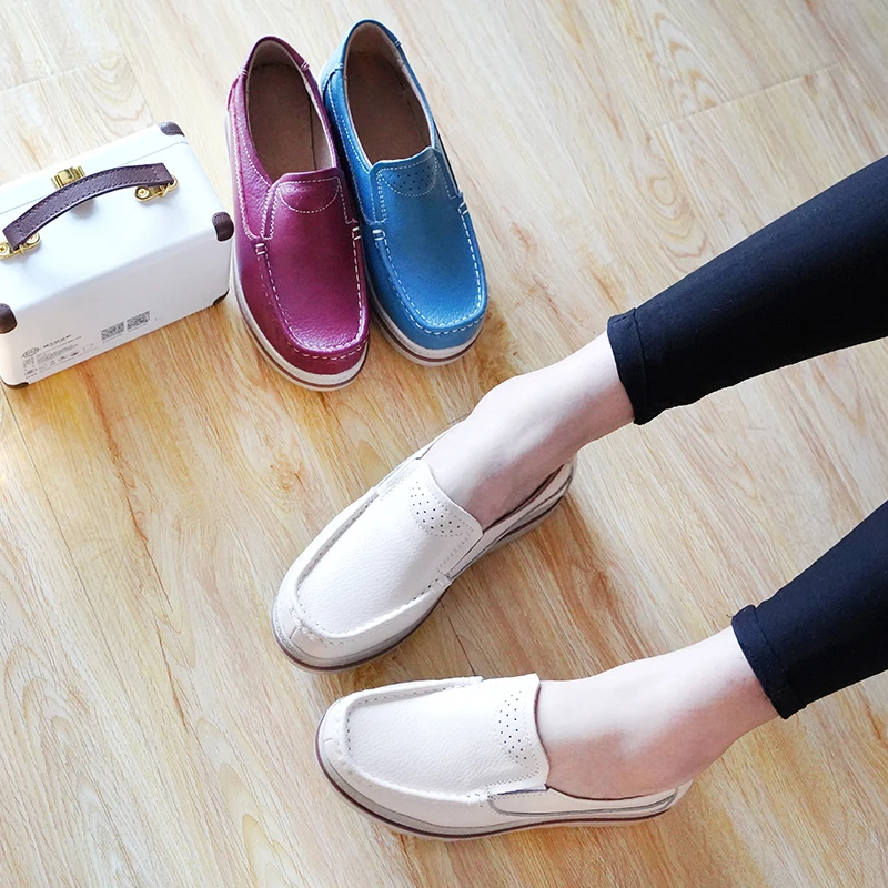 

Genuine Leather Height Increase Flatform Shoes Women Spring Slip-on Mother Wedges Casual Sneakers Ladies Plattorm Walking Shoes